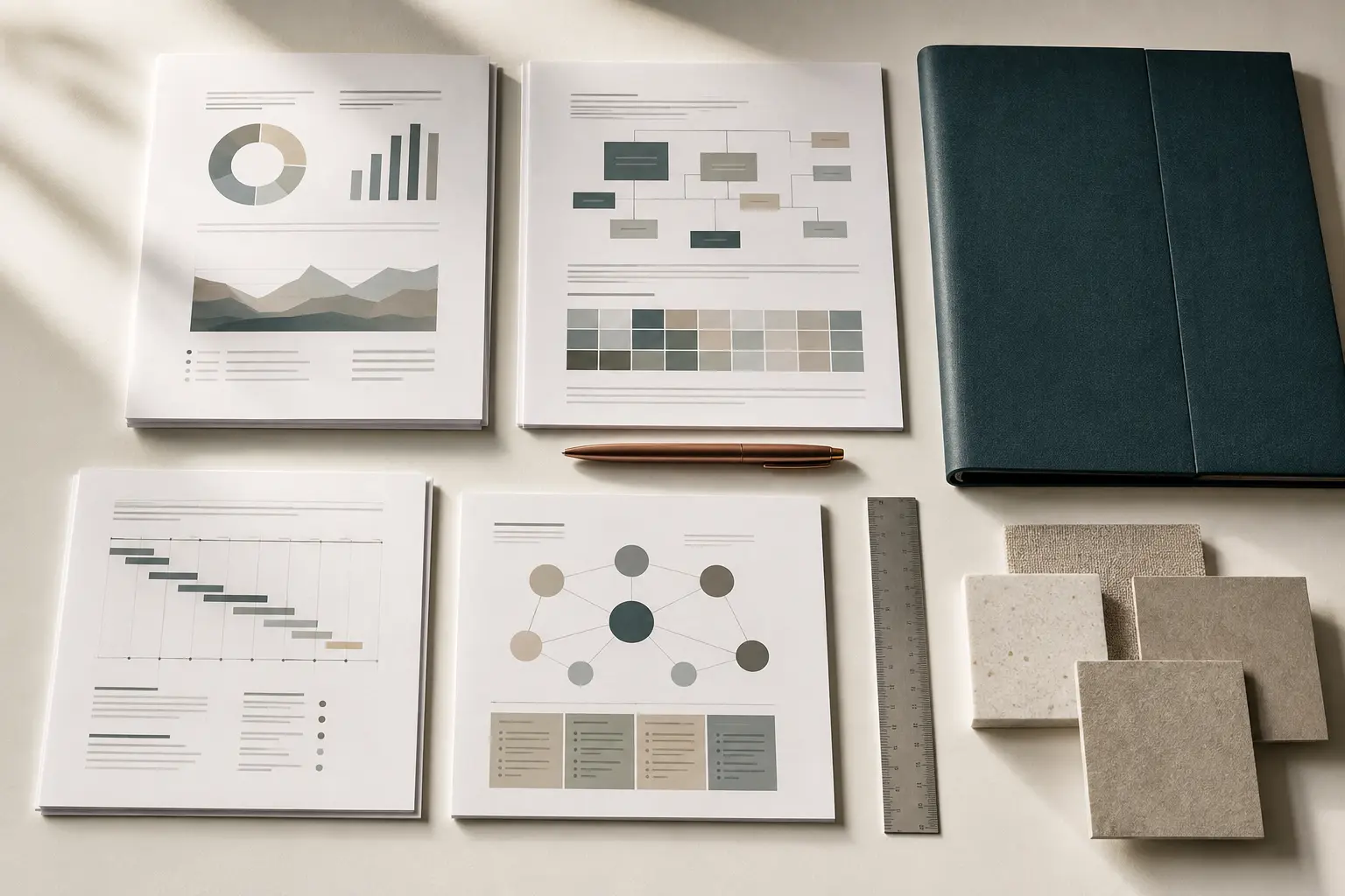 Organized business analysis materials on a professional workspace